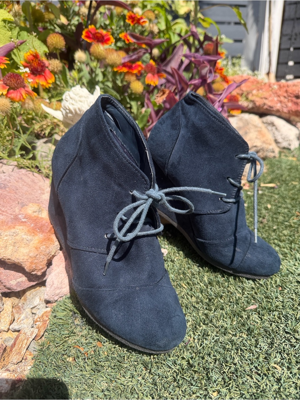 Toms Black Suede Lace-Up Wedge Ankle Booties